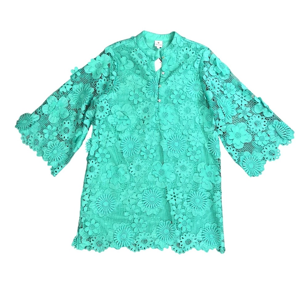 J. Marie Mint Green Floral Lace Dress With 3/4 Sleeves &‎ Scalloped Edges